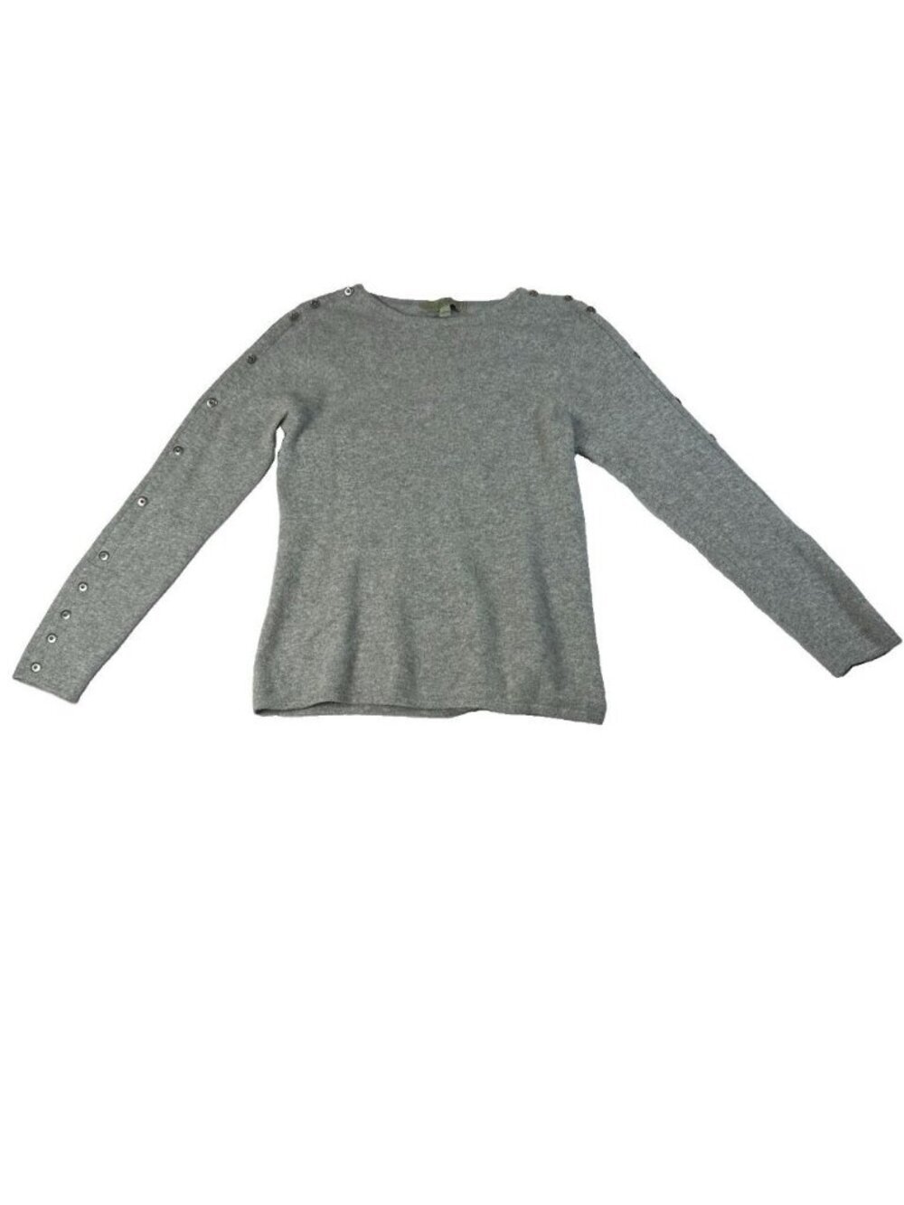 One Girl Who 100% Cashmere Gray Knit Sweater Large Button Sleeve Shoulder Crew - Picture 5 of 12